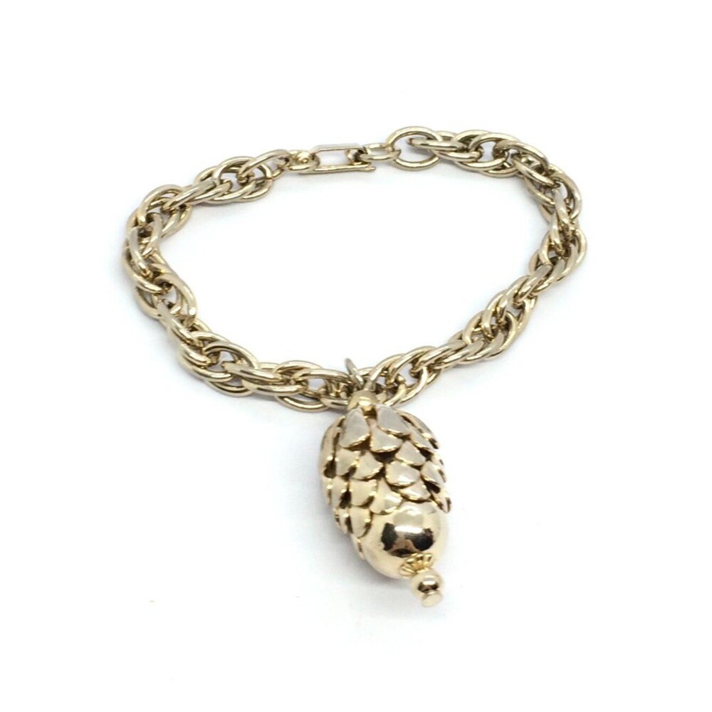VINTAGE ACORN BRACELET Gold Tone Rope Chain Charm Mid Century Modern